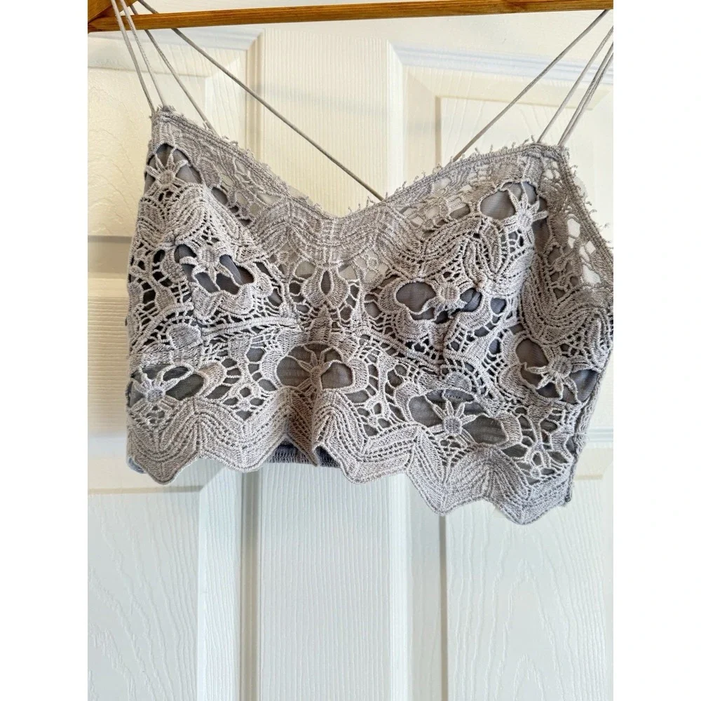 Free People FP One Adella Bralette Women Small Grey Lace Smocked Boho Cami Top